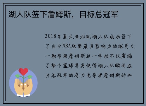 湖人队签下詹姆斯，目标总冠军