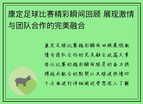 康定足球比赛精彩瞬间回顾 展现激情与团队合作的完美融合