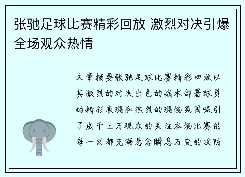 张驰足球比赛精彩回放 激烈对决引爆全场观众热情