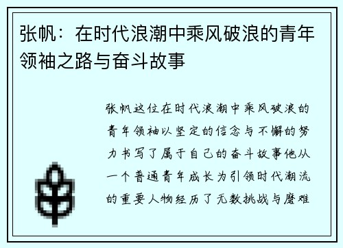 张帆：在时代浪潮中乘风破浪的青年领袖之路与奋斗故事